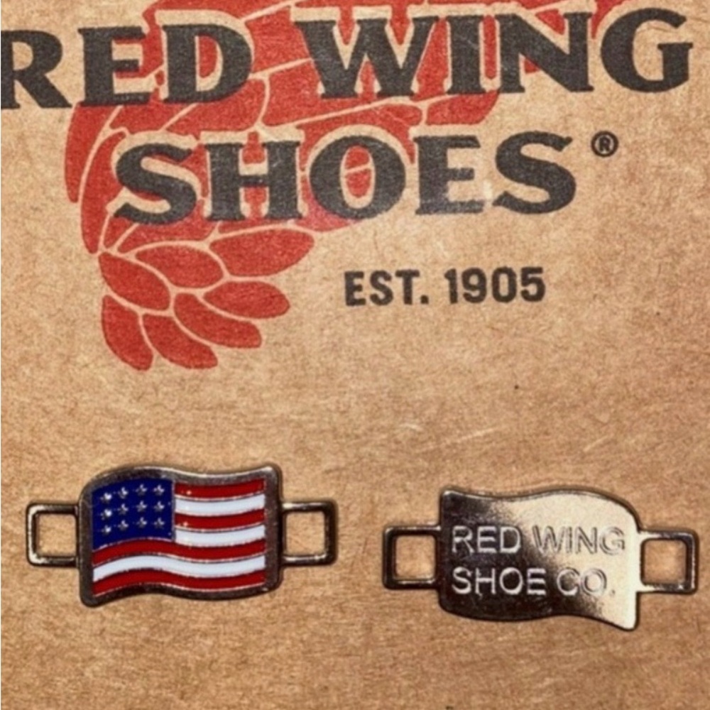 Red Wing Shoes Silver Logo & American Flag Charms Boot Lace Keepers (eBay pair)